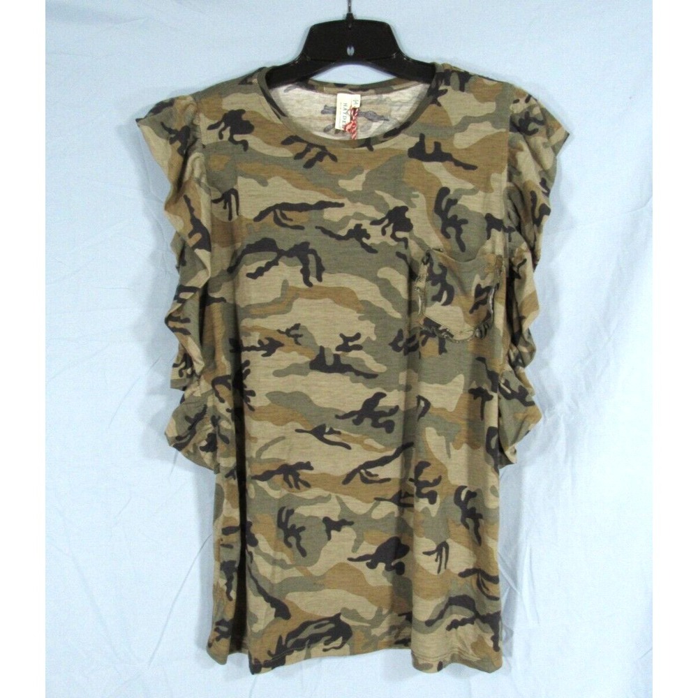 NWT HAYDEN Los Angles Green Camouflage JERSEY KNIT Ruffled TANK TOP T-SHIRT sz L